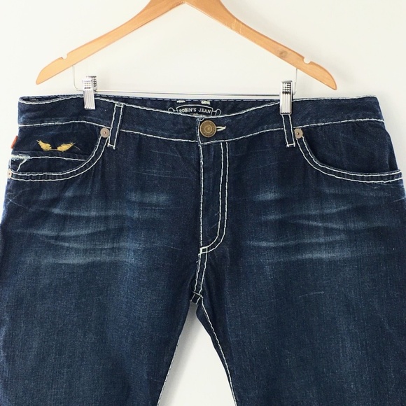 Robins Jeans Mens Blue Classic Embroidered Gold Wings Heavy Stitching 44 x 35 - Picture 3 of 14